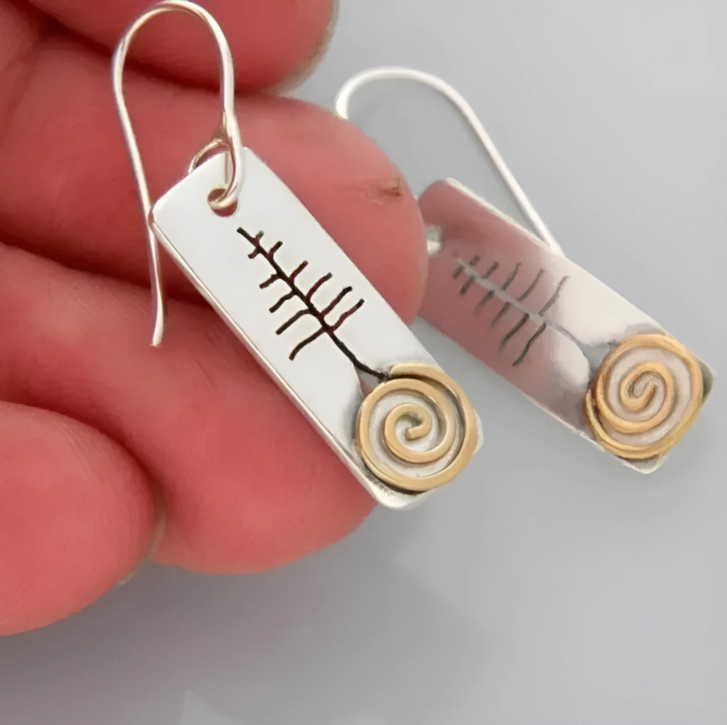 Pair of retro exaggerated rectangle earrings with antique silver finish and snake motif on a plain background