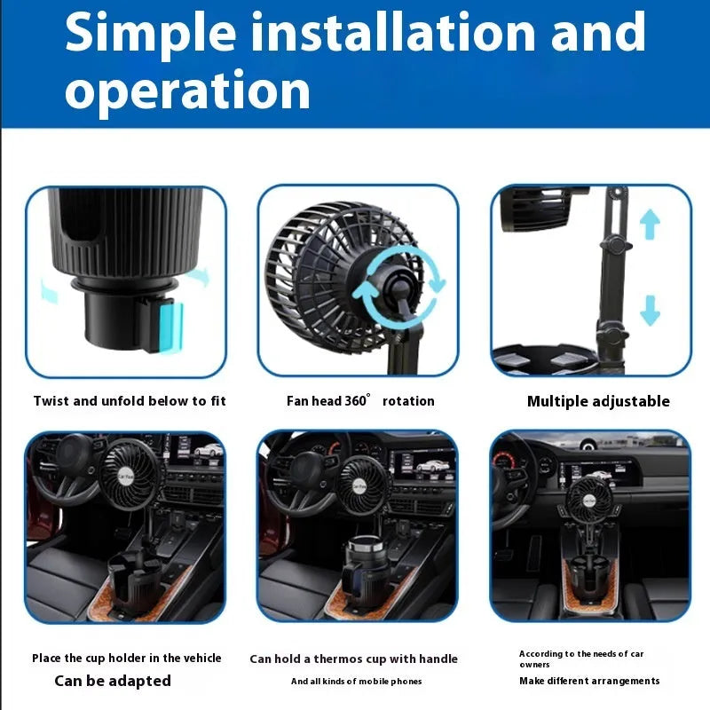 Car water cup holder fan in vehicle with 4-inch or 6-inch diameter and cigarette lighter or USB power cord