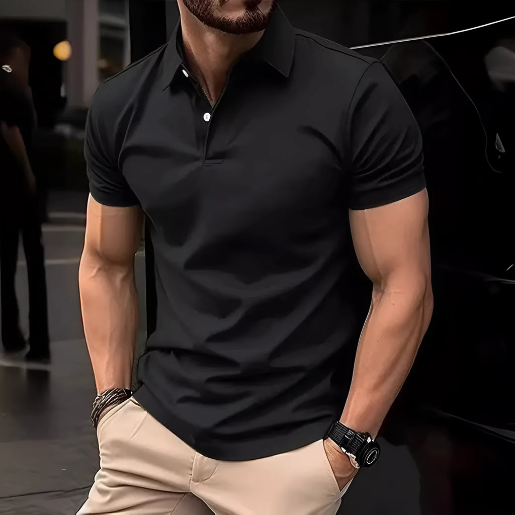 Men's solid colour casual short sleeve button shirt in slim fit, shown in multiple colour options.