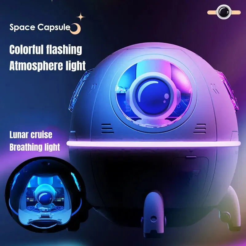 Light purple astronaut-shaped desktop humidifier with LED lights and USB cable