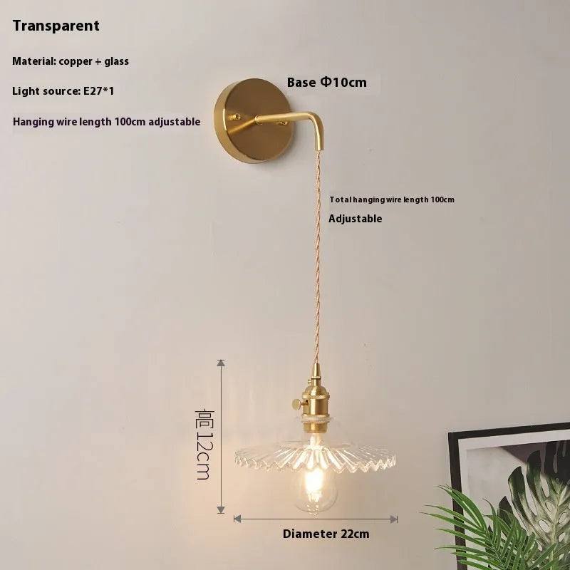Retro brass lotus wall lamp with copper construction and glass shade in six colour options