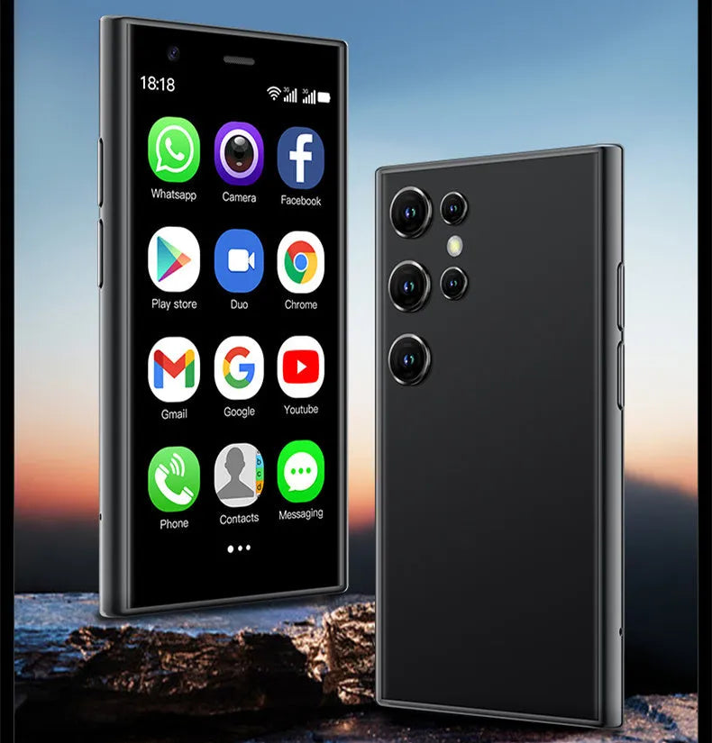 Mini smartphone with 30-inch screen in black, green, or pink purple colours showing straight plate design