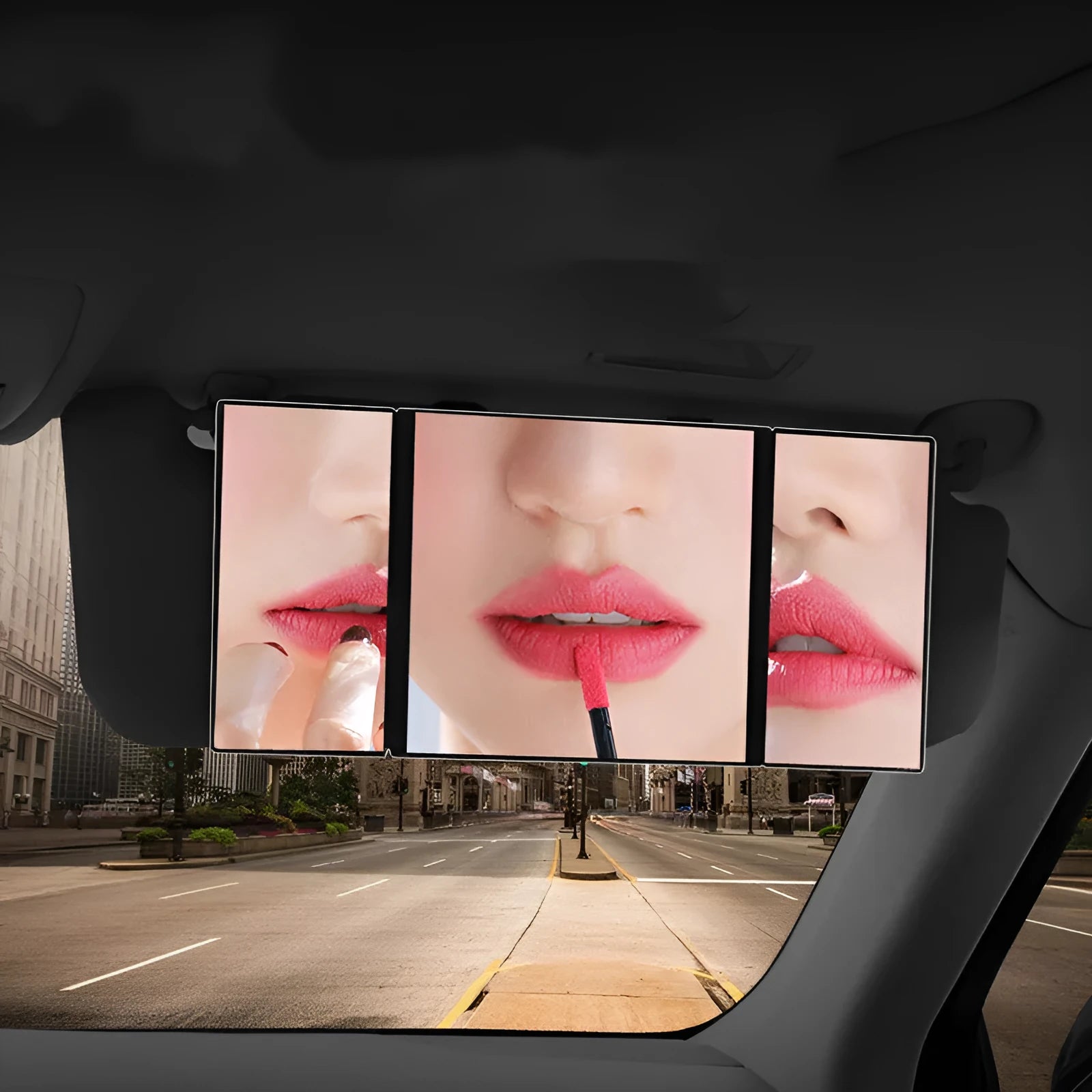 Silver car folding makeup mirror shown closed at 15.5cm and open at 30.5cm wide.
