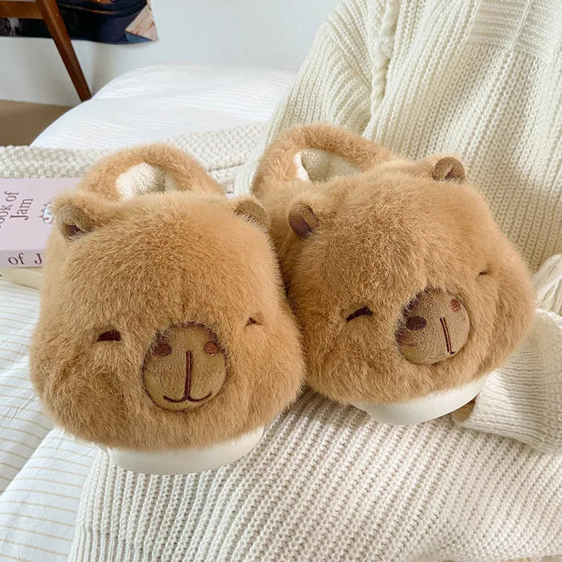 Light brown women's winter slippers with plush upper and artificial wool lining