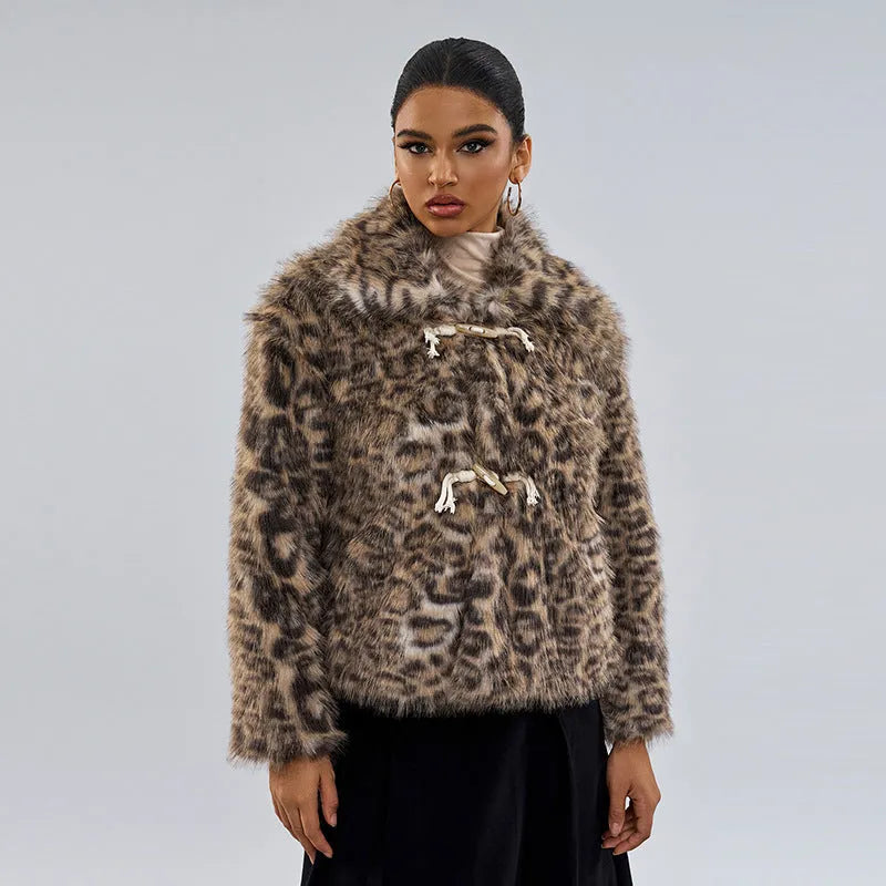 Women's leopard print coat with buckle lapel closure in street fashion style