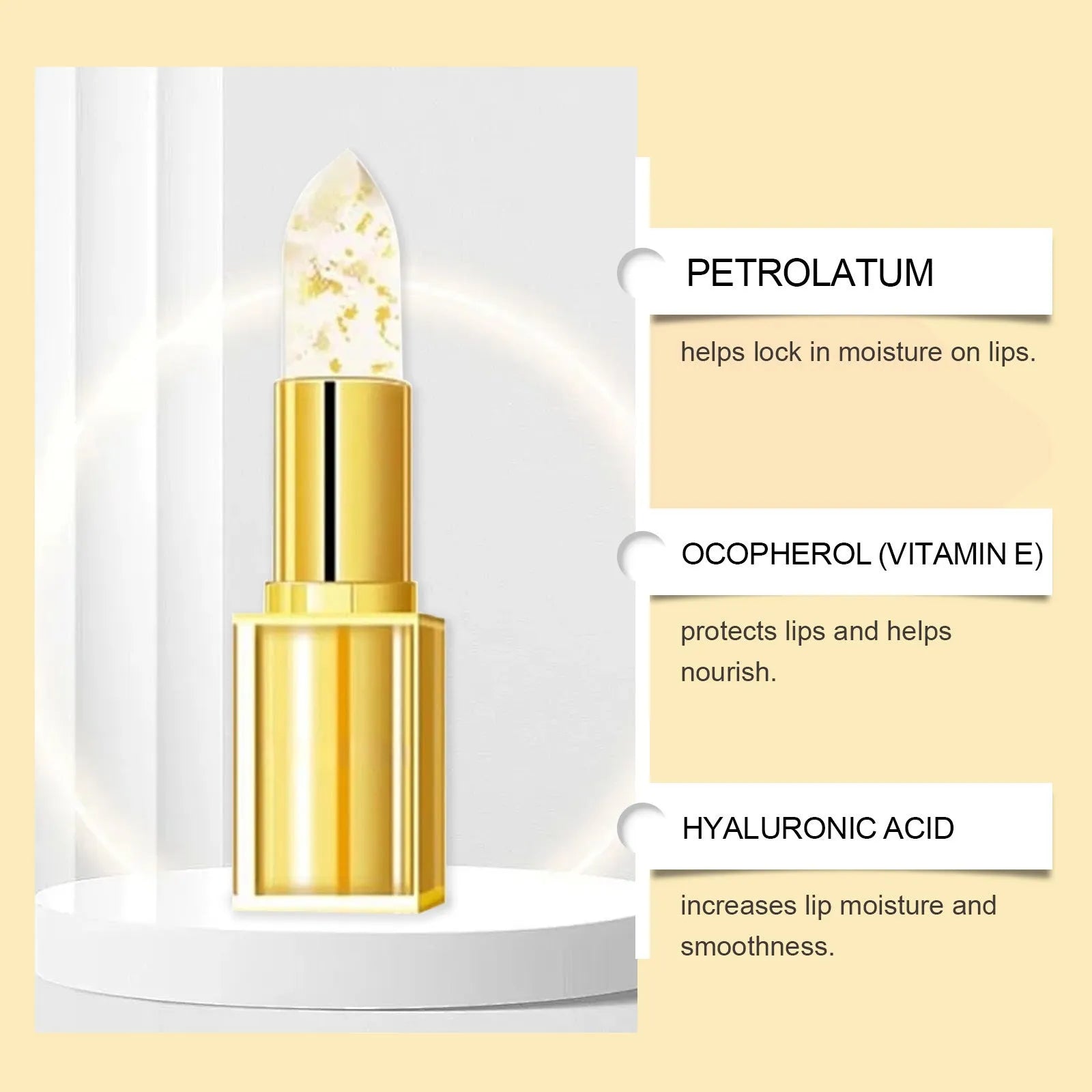 Gold foil nourishing lipstick in 2.6cm square packaging with 3.5g content