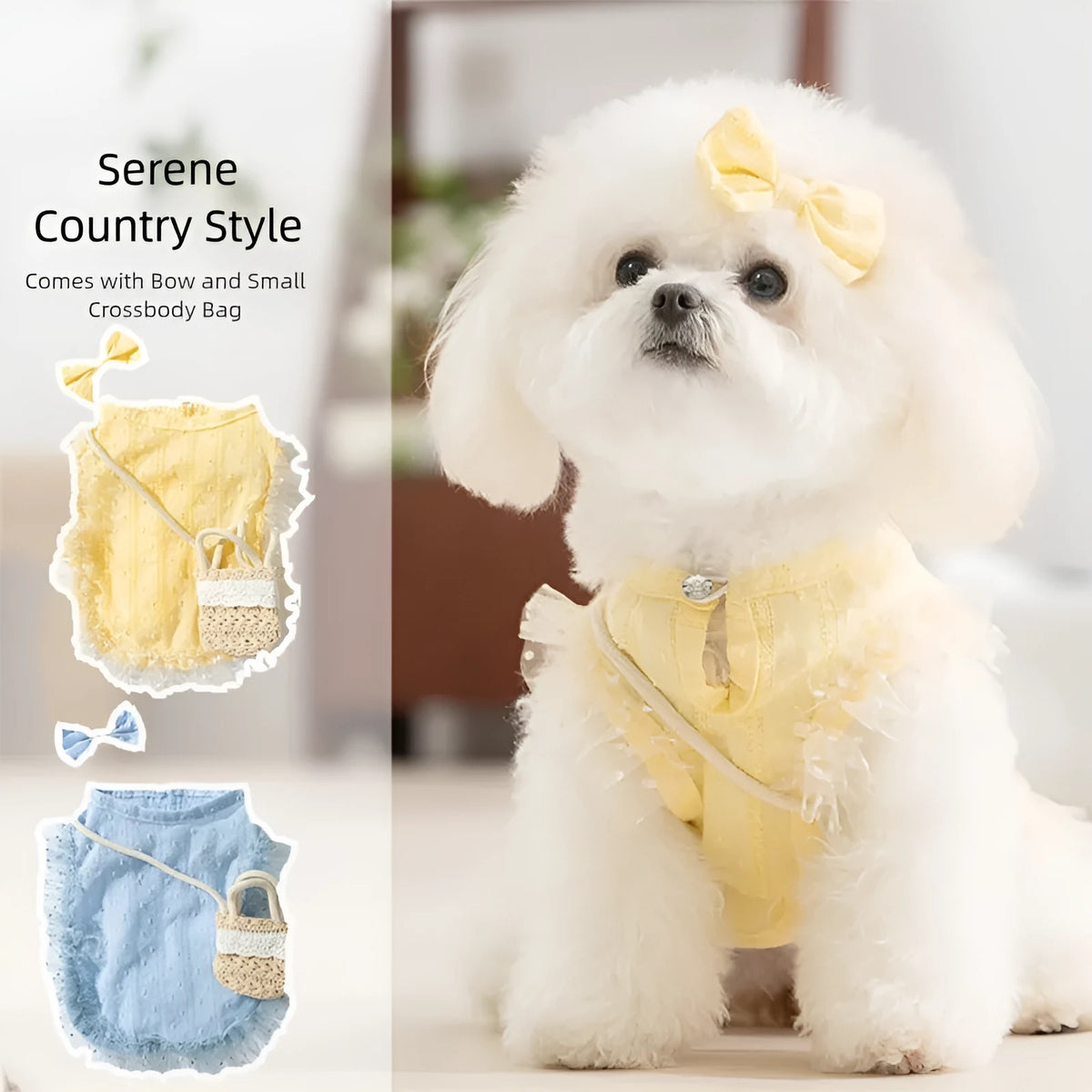 Small dog wearing yellow two-tone country shoulder bag outfit with matching bow and woven crossbody bag