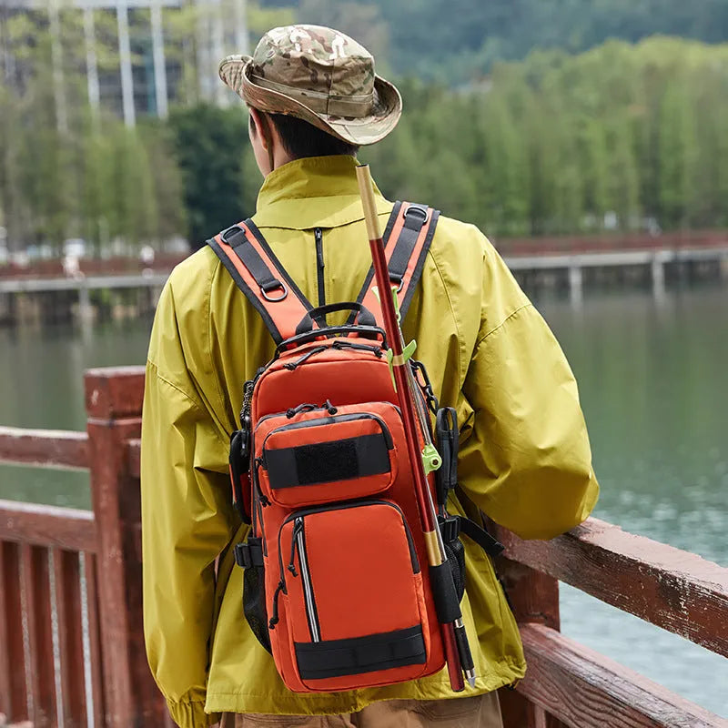 Orange and black 20-35 litre outdoor backpack made from Derm fabric for hiking and camping