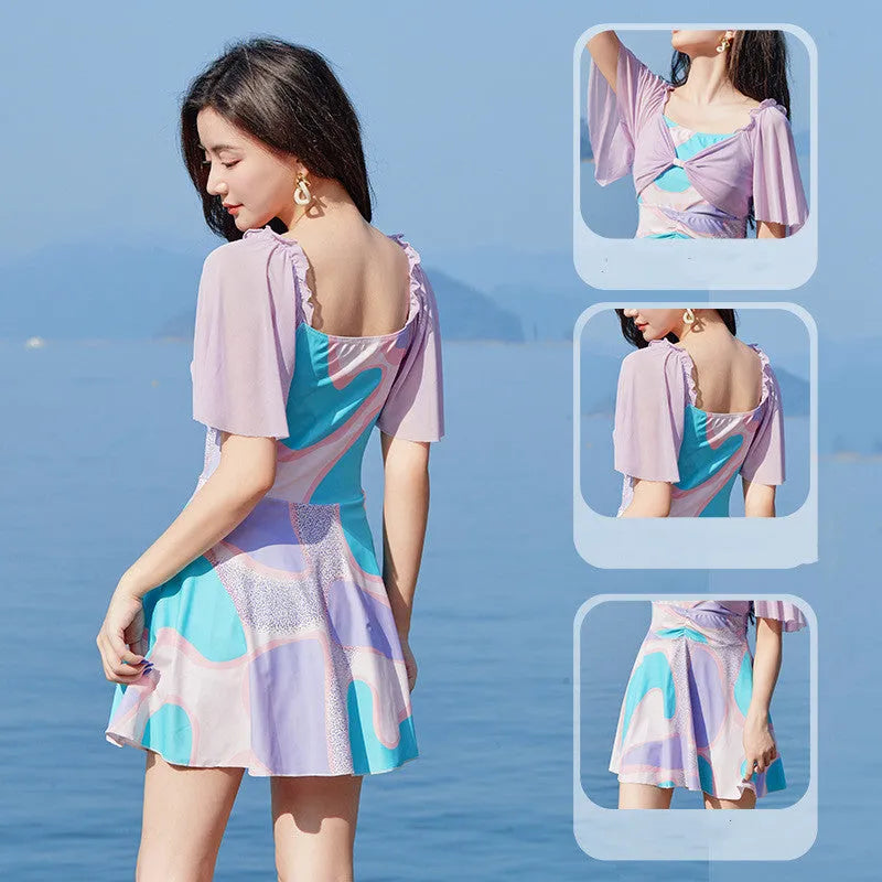 Women's floral high-waist one-piece swimsuit with bowknot detail in light purple or light blue patterns