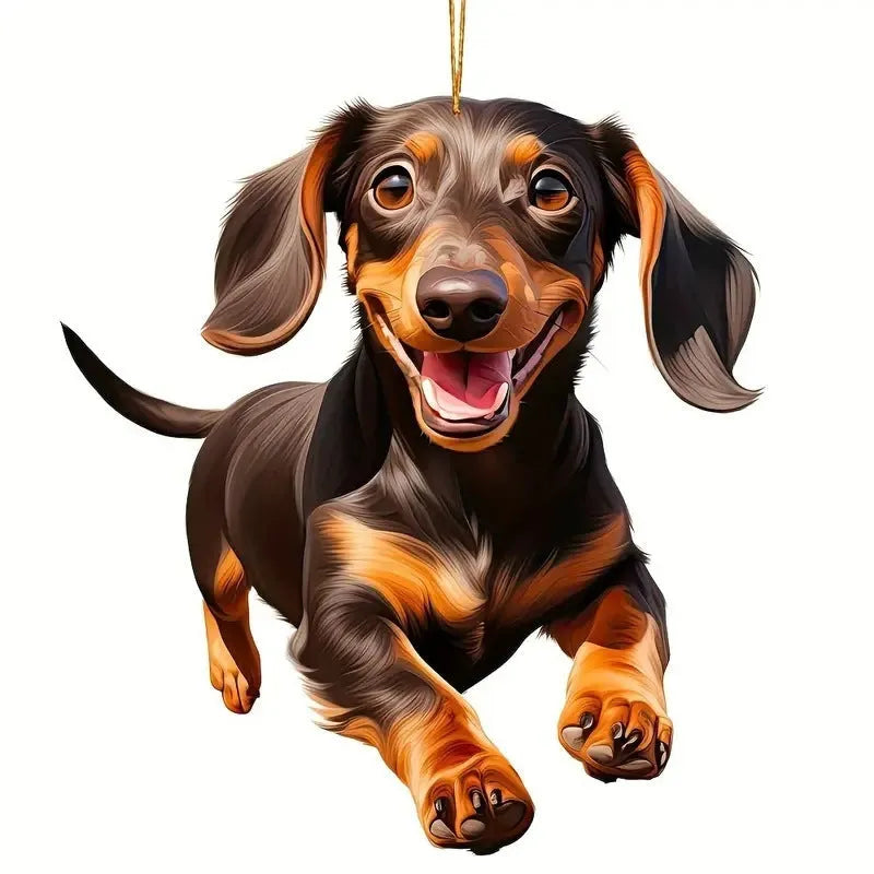 Flat acrylic car hanging ornament with cartoon dog design on white background