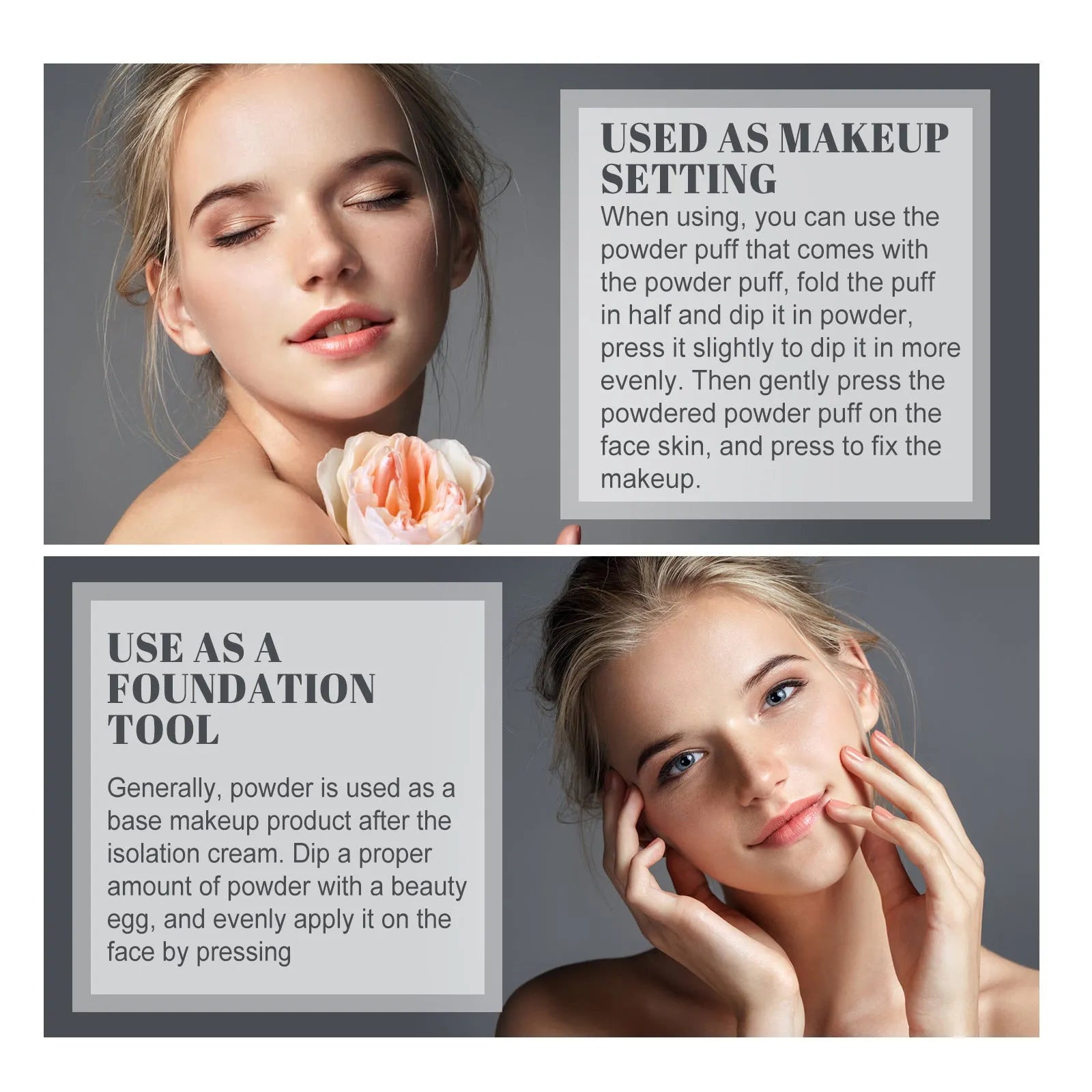 Compact finishing powder in Natural Beige, Pure Beige and Classic Ivory shades, 8g net content