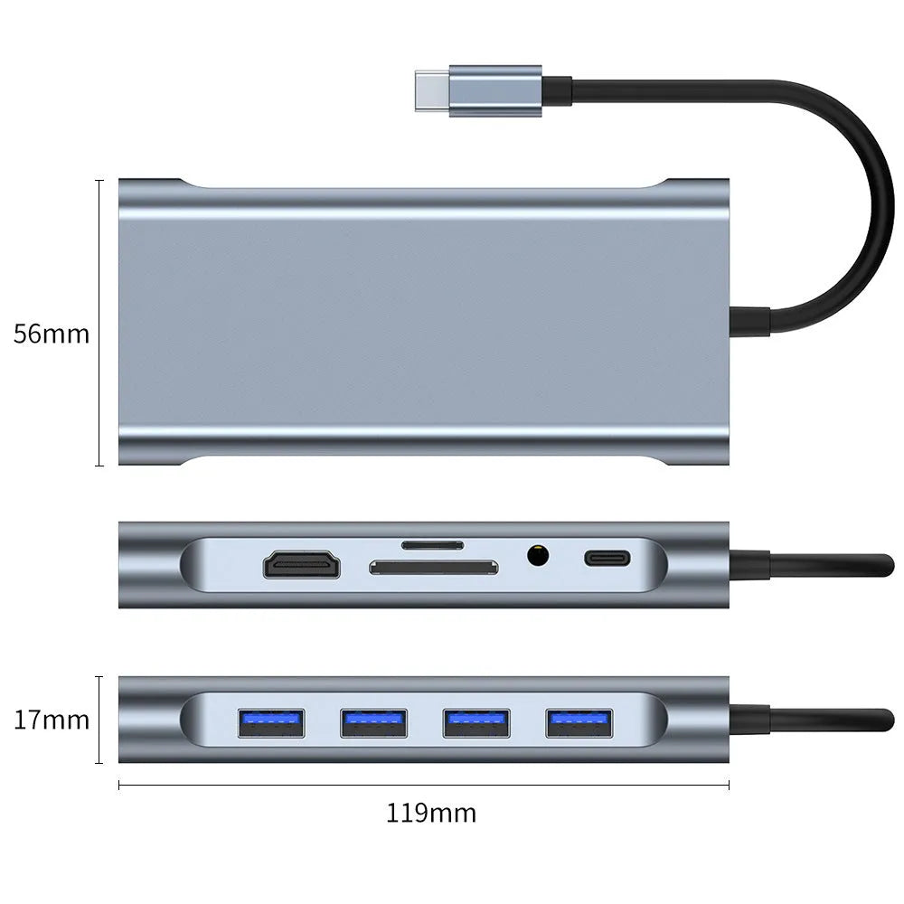 11-in-1 USB-C hub docking station with HDMI, VGA, audio, RJ45, USB 3.0, SD, TF, and PD ports