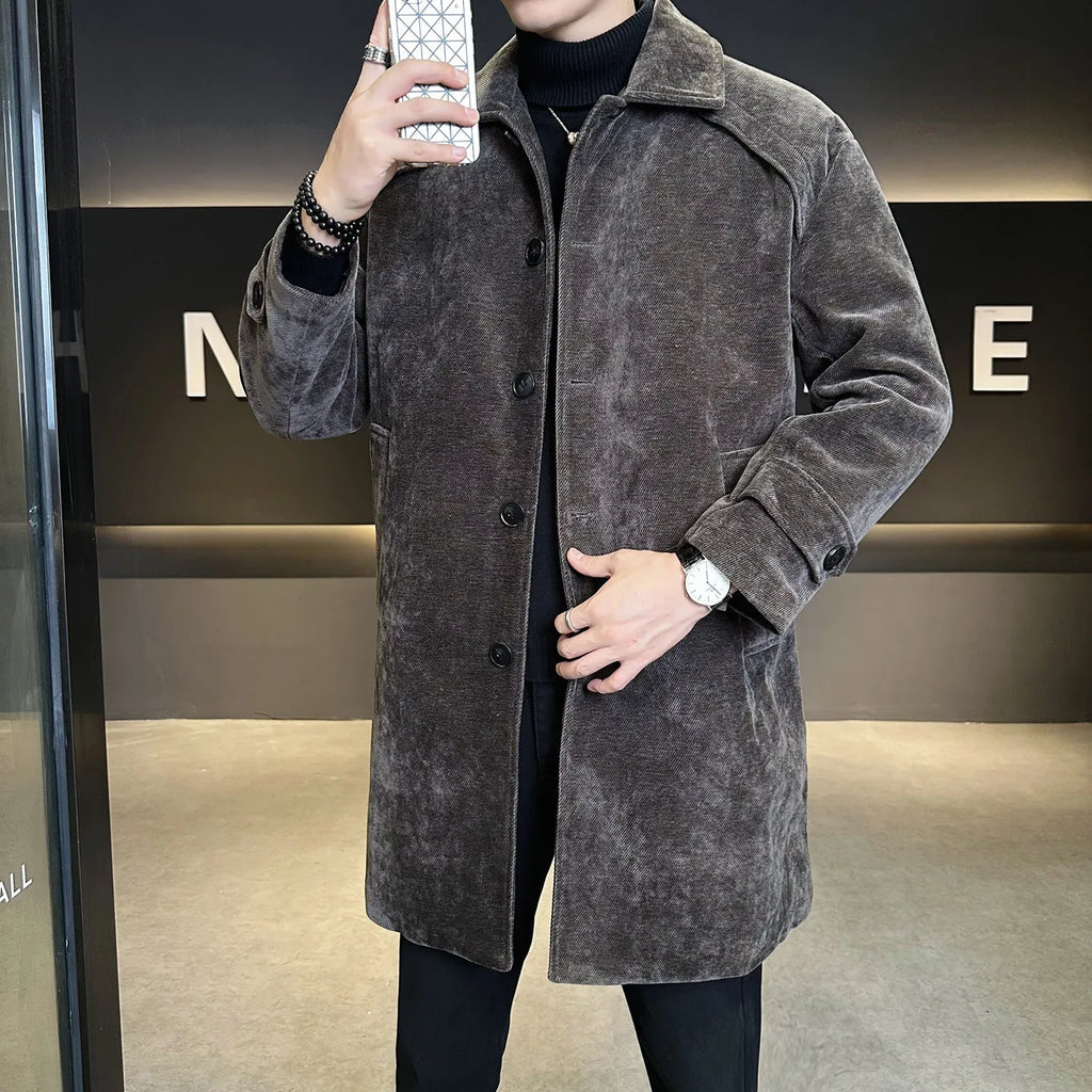 Long brown chenille cotton wool coat thickened windproof jacket with polyester lining, regular fit, front view