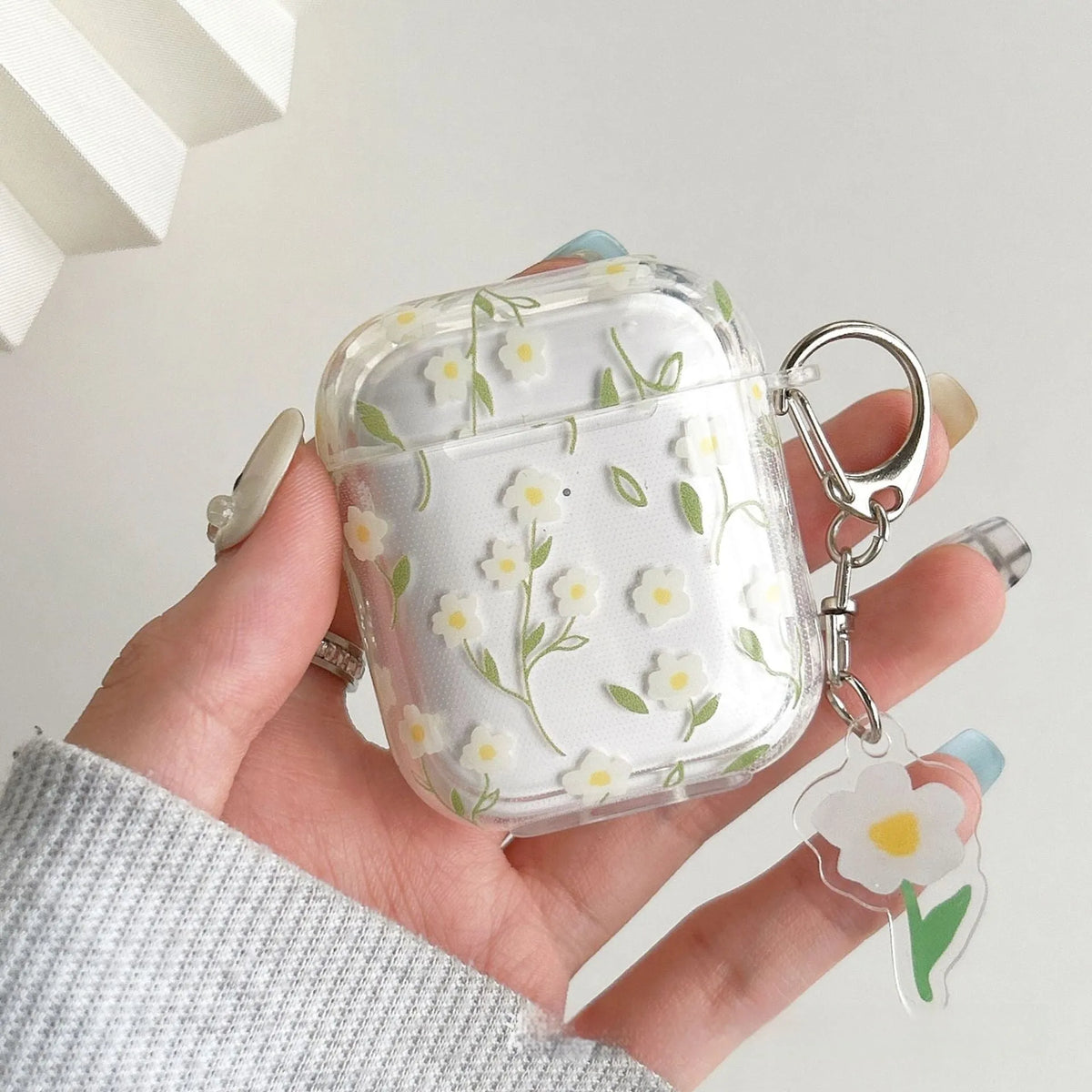 White floral high-transparency TPU protective cover for Apple AirPods showing decorative patterns