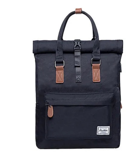 Casual black polyester backpack with cover flap open, showing interior laptop sleeve and zipper pocket.