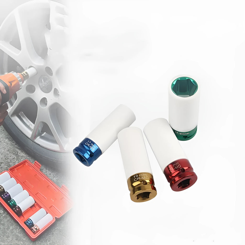 Four individual pneumatic hexagon sockets in sizes 17mm, 19mm, 21mm, and 22mm for vehicle maintenance