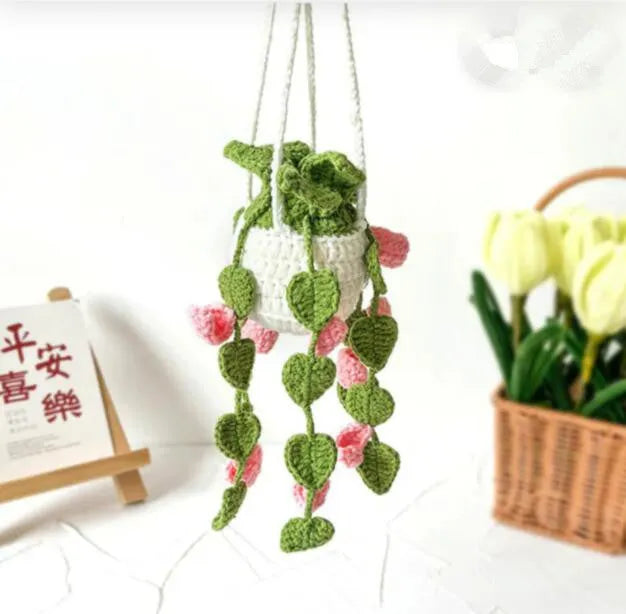 Knitted wool car plant decoration with green and white pattern, 8cm basin and hanging cord
