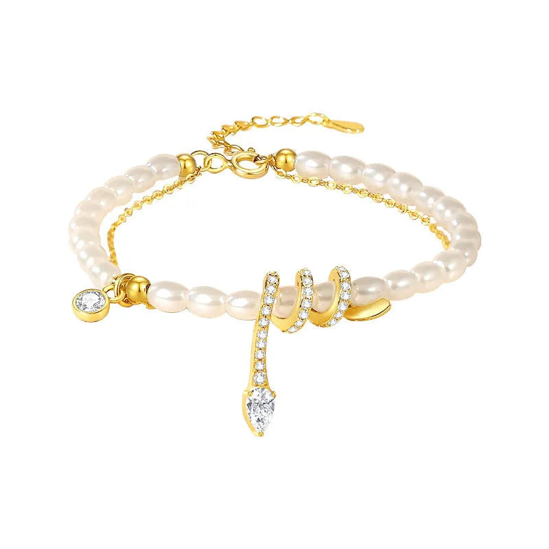 Pearl snake 925 sterling silver bracelet with geometric design in gold or white gold finish.