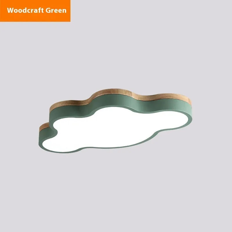 Cloud shaped wooden finish LED ceiling lamp in pink, blue, green or yellow with dimmable lighting
