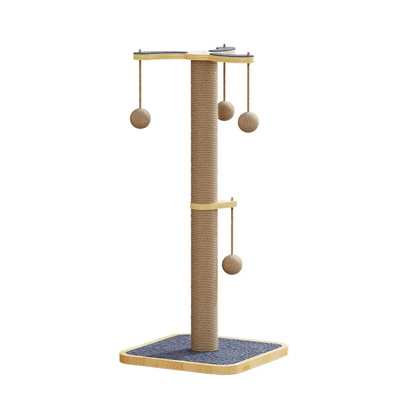 Windmill-shaped cat climbing frame with a hanging ball, made from pine wood and covered in carpet leather.