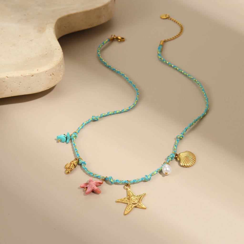 Handmade stainless steel necklace with coloured braided rope detail and geometric pendant