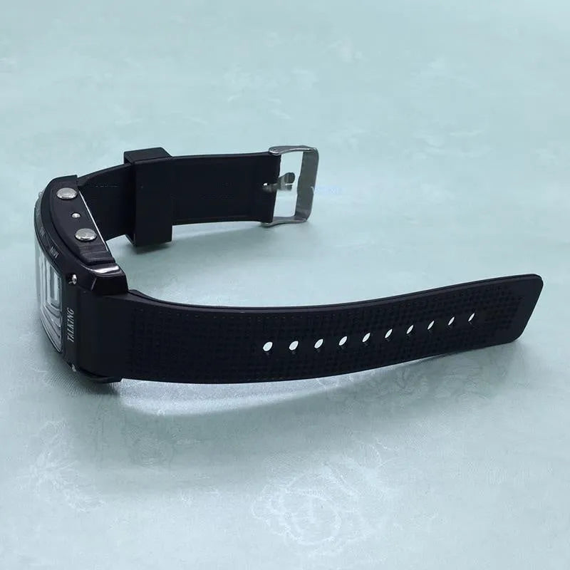 Black electronic talking watch with one-click voice time announcement, 15mm thick, for elderly users