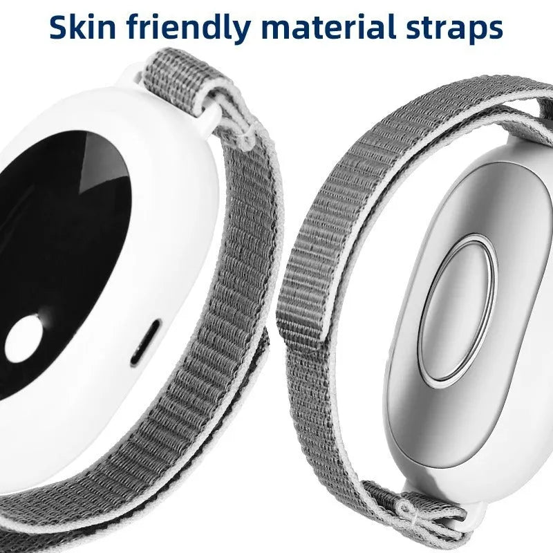 White handheld sleep aid device with sleep bracelet and charging cable showing 20 intensity settings