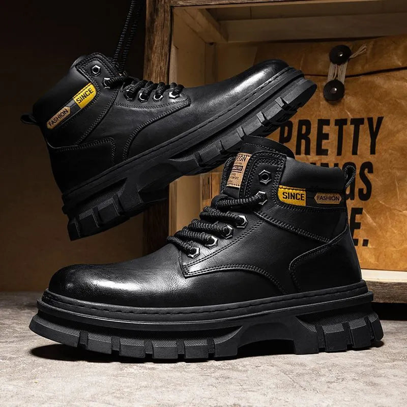 Men's brown round toe Martin boots with lace-up front and a stout heel on a rubber sole.
