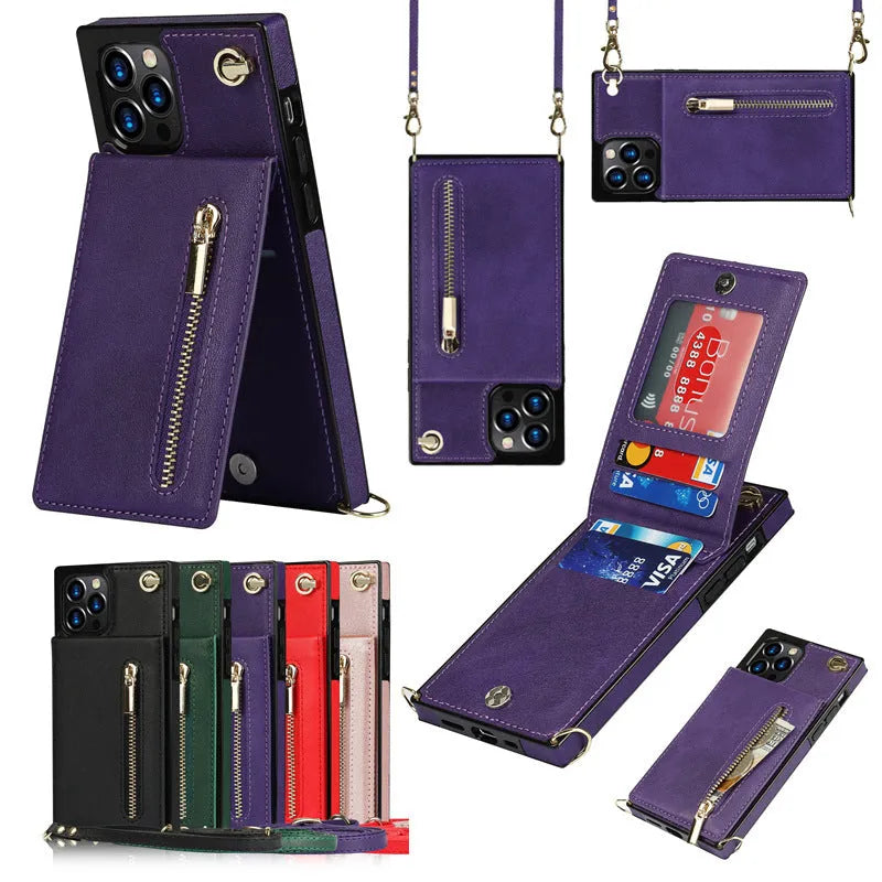 Genuine leather mobile phone case for Samsung and iPhone models in black, green, purple, red, and rose gold colours.