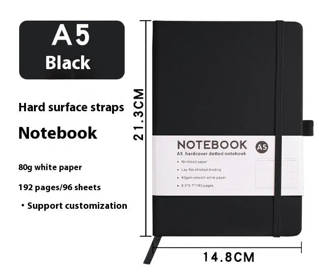 A5 office diary with hand skin feeling PU leather cover and strap closure, open to show horizontal line pages.