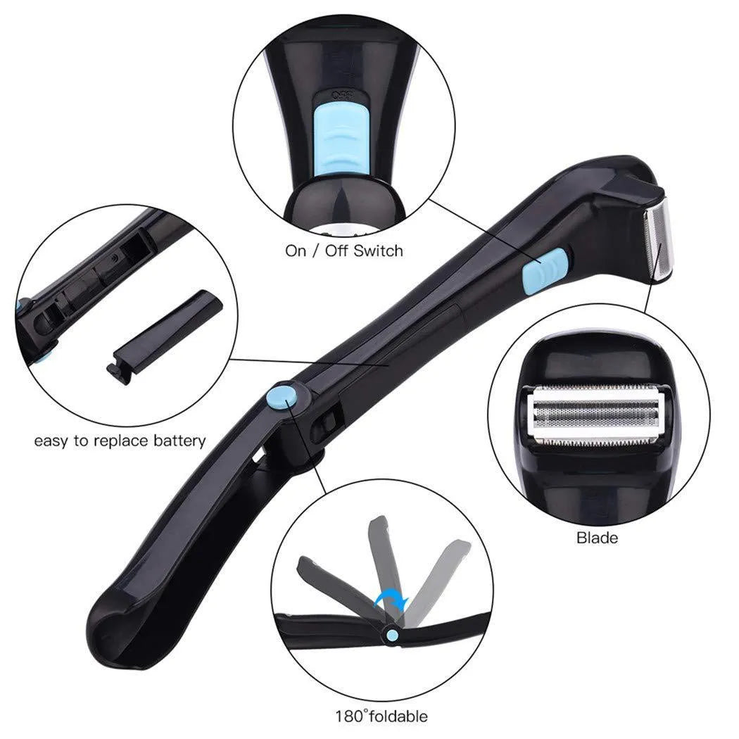 Black foldable electric body shaver showing compact storage design