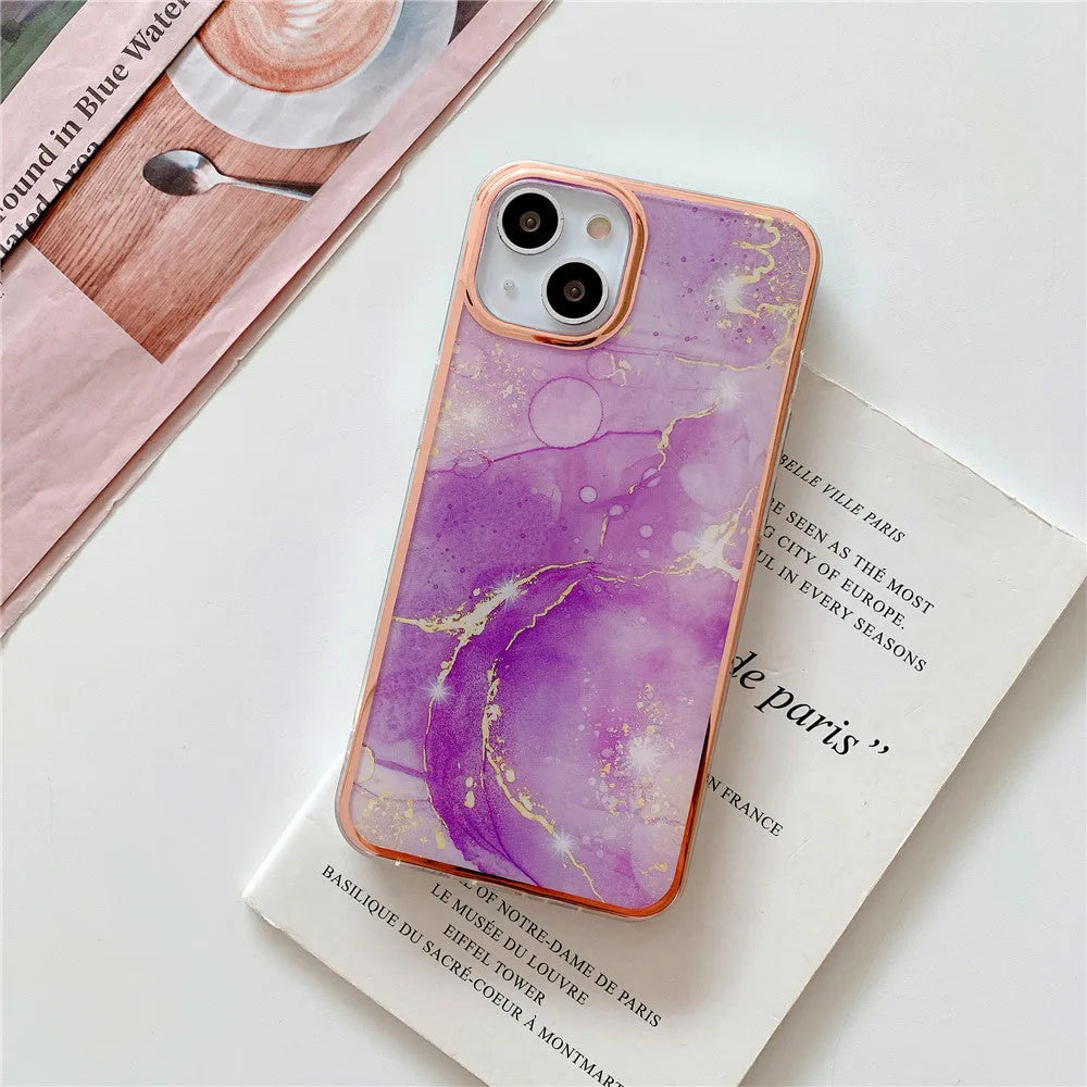 Electroplated marble phone case with mirror finish for iPhone 13-16 Pro Max, TPU PC back cover