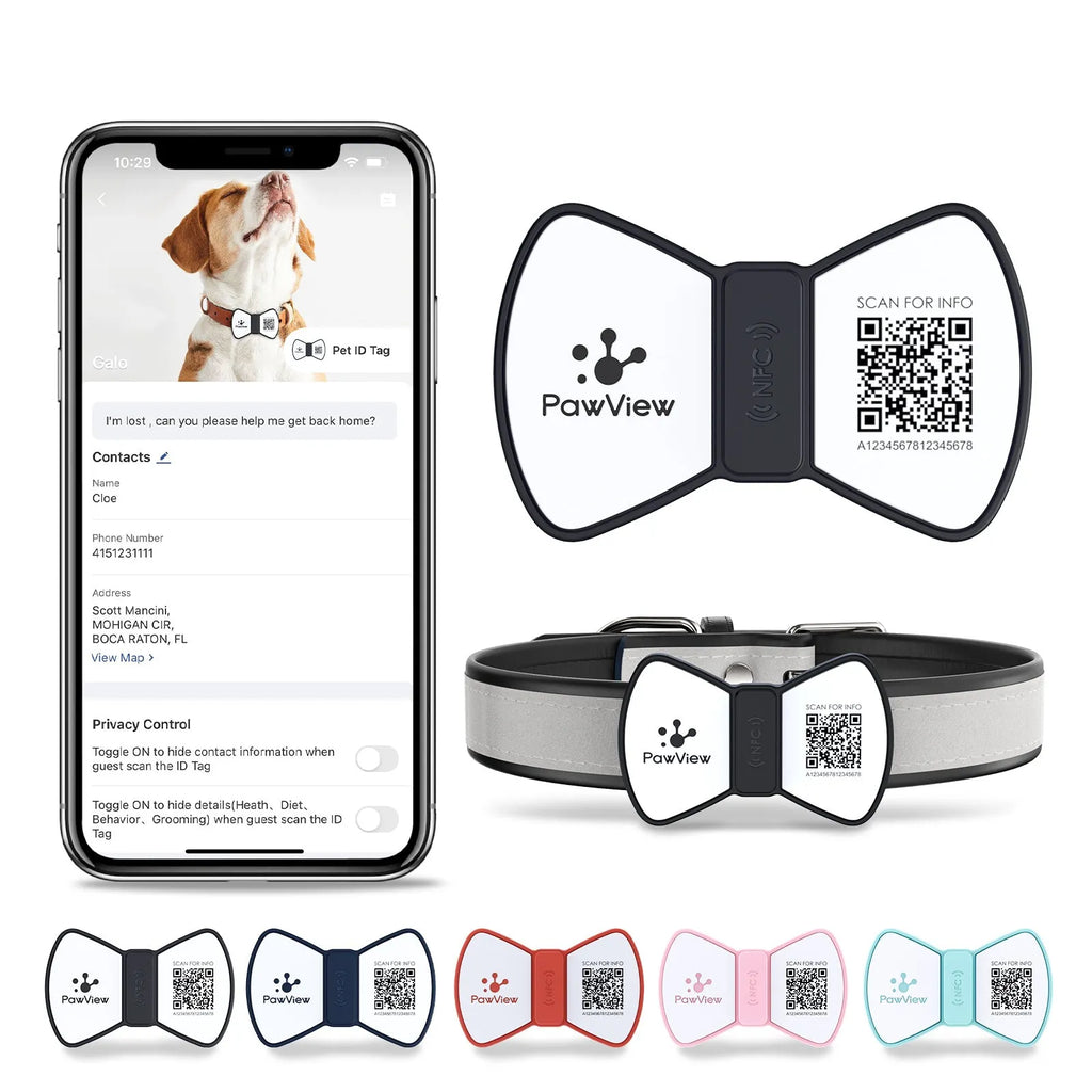 NFC smart QR pet tag in black silicone with printed bowknot pattern, attached to a matching collar on a light background