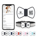 NFC smart QR pet tag in black silicone with printed bowknot pattern, attached to a matching collar on a light background