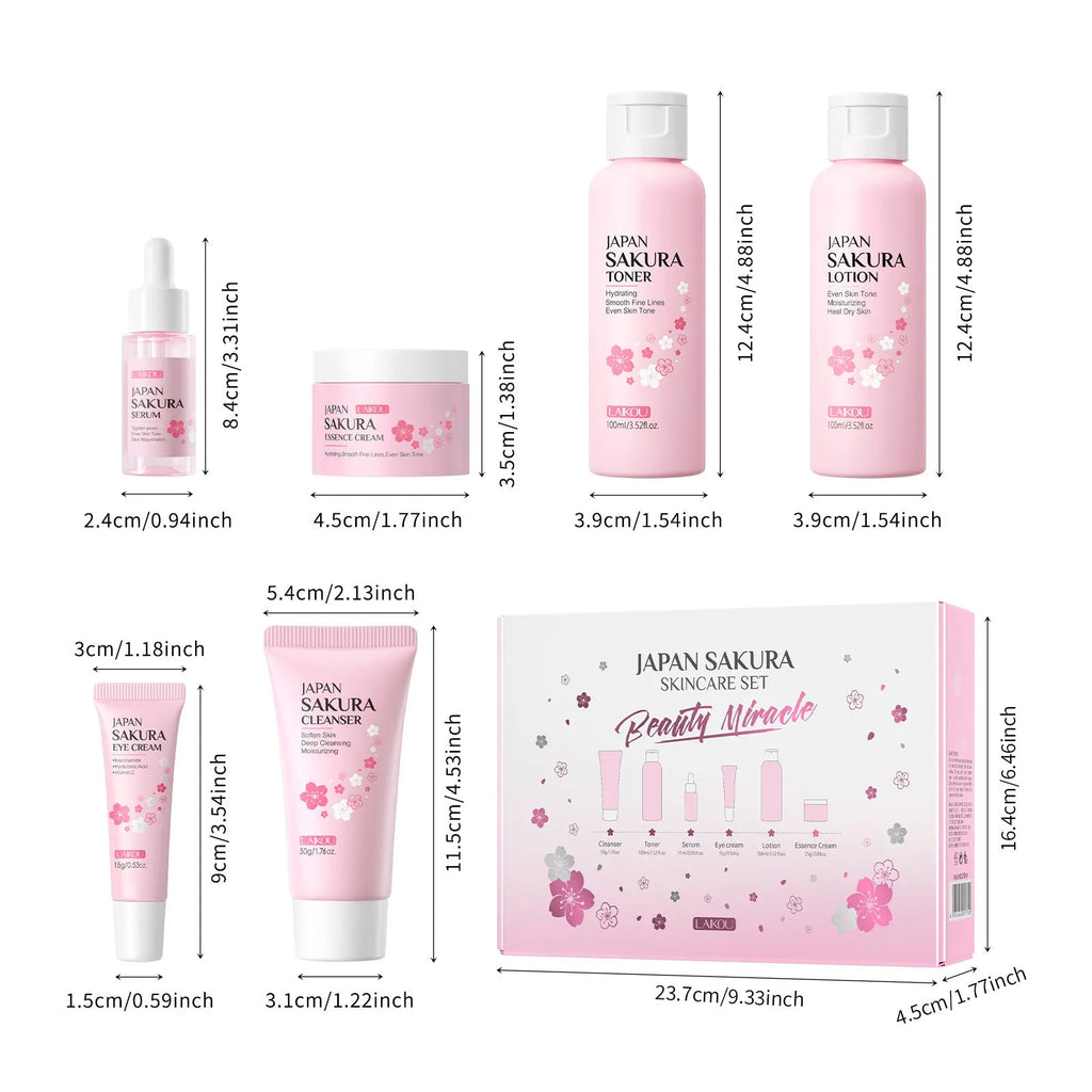 Cherry Blossom facial skincare 6-piece set showing cleanser, toner, creams and treatments