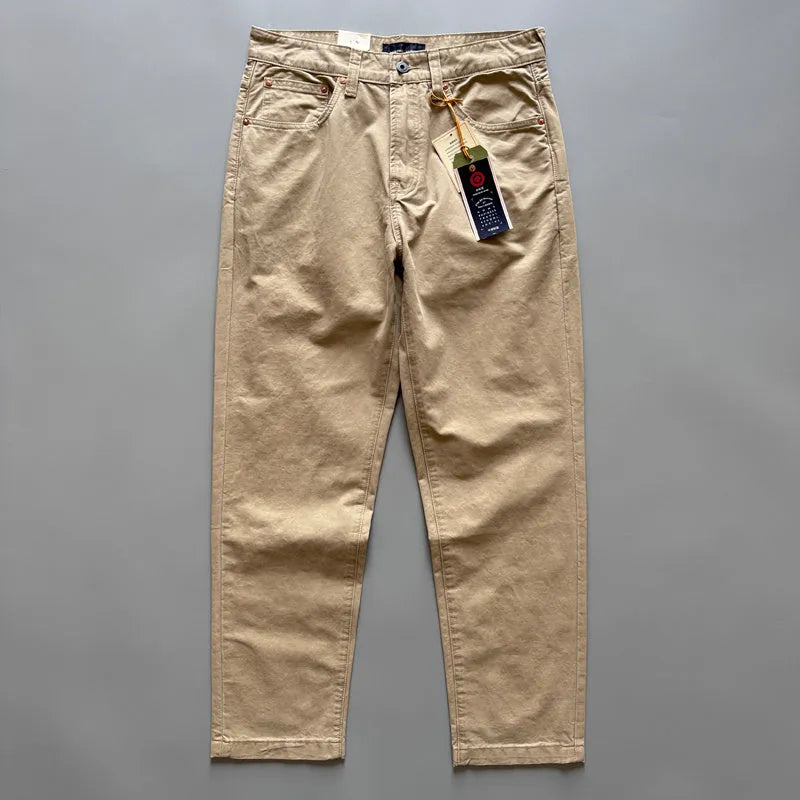 Men's straight leg cotton casual trousers in grey, army green, or khaki colour on a mid waist.