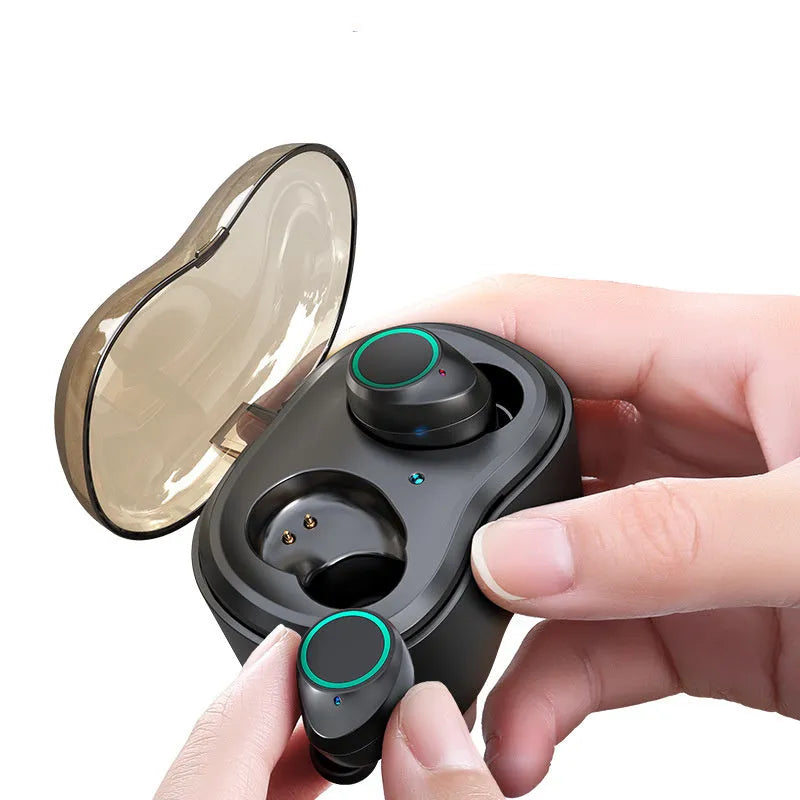 Wireless Bluetooth earplug-style headset with battery display and 15-metre range