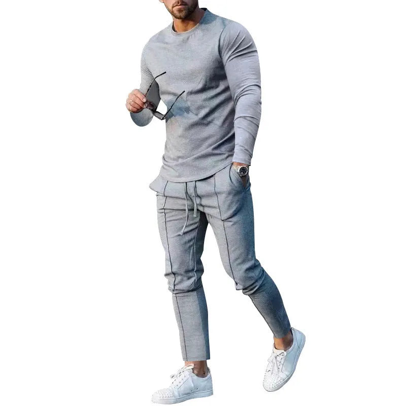 Men's light grey round-neck long sleeve t-shirt and trousers two-piece polyester suit set