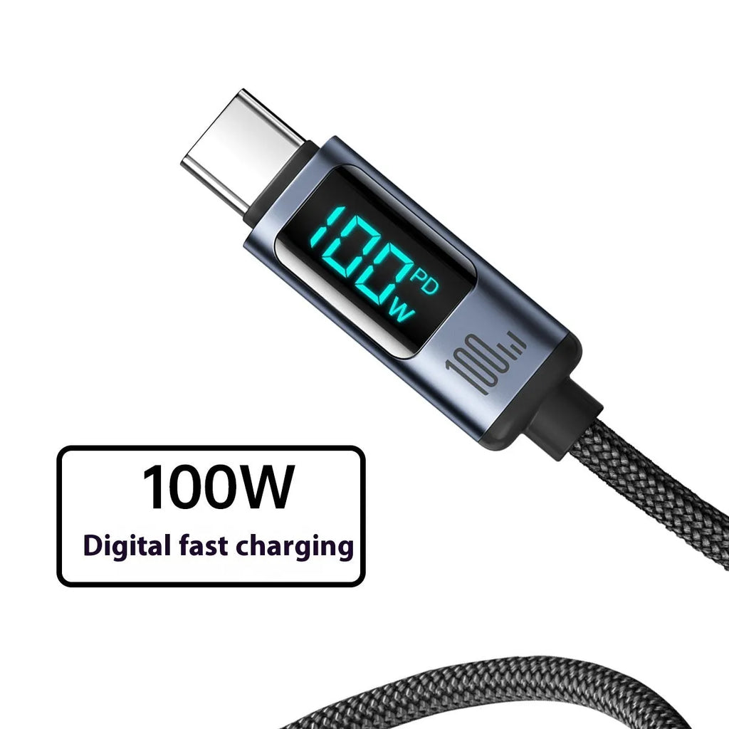 PD20 66W fast charge braided aluminium alloy digital display data cable in black with TypeC connector