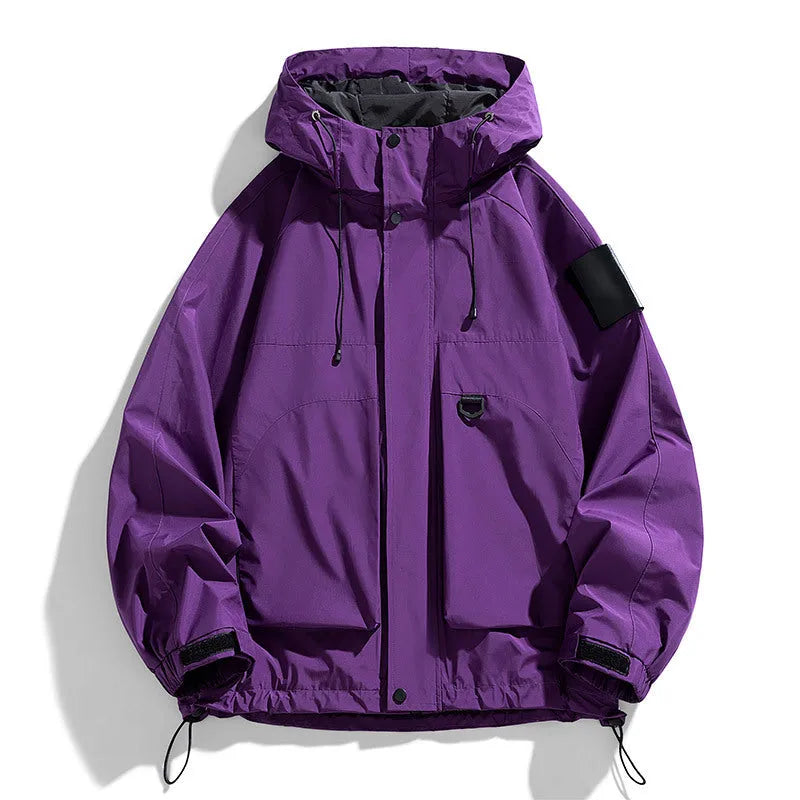 Men's black windproof waterproof hooded jacket on a hanger, shown in regular length with long sleeves.