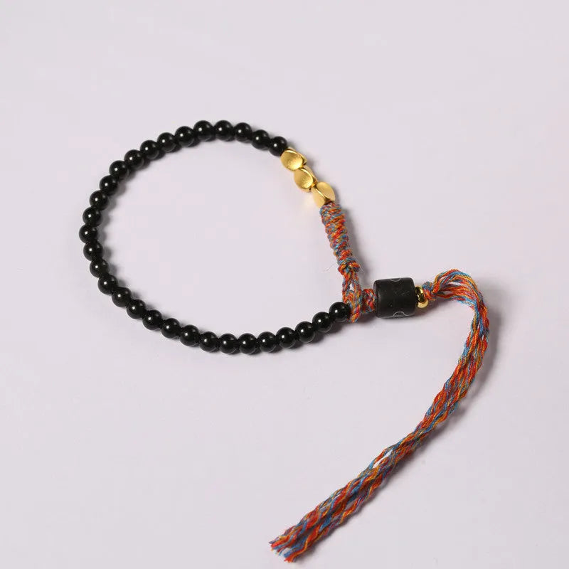 Hand-woven obsidian bead bracelet with adjustable 15.5-16cm strap
