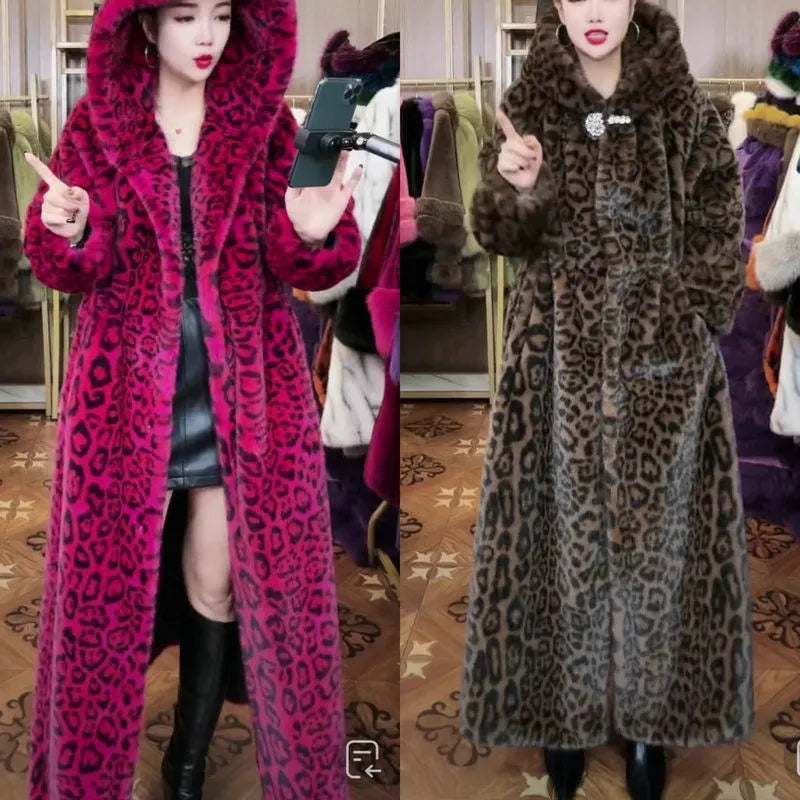 Loose fit long brown leopard print faux fur coat for women on a hanger.