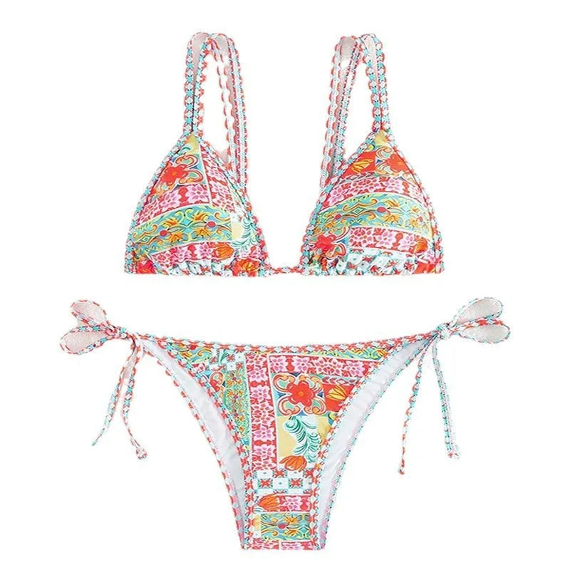 Women's lace-up split swimsuit with brief bottom in polyester fabric