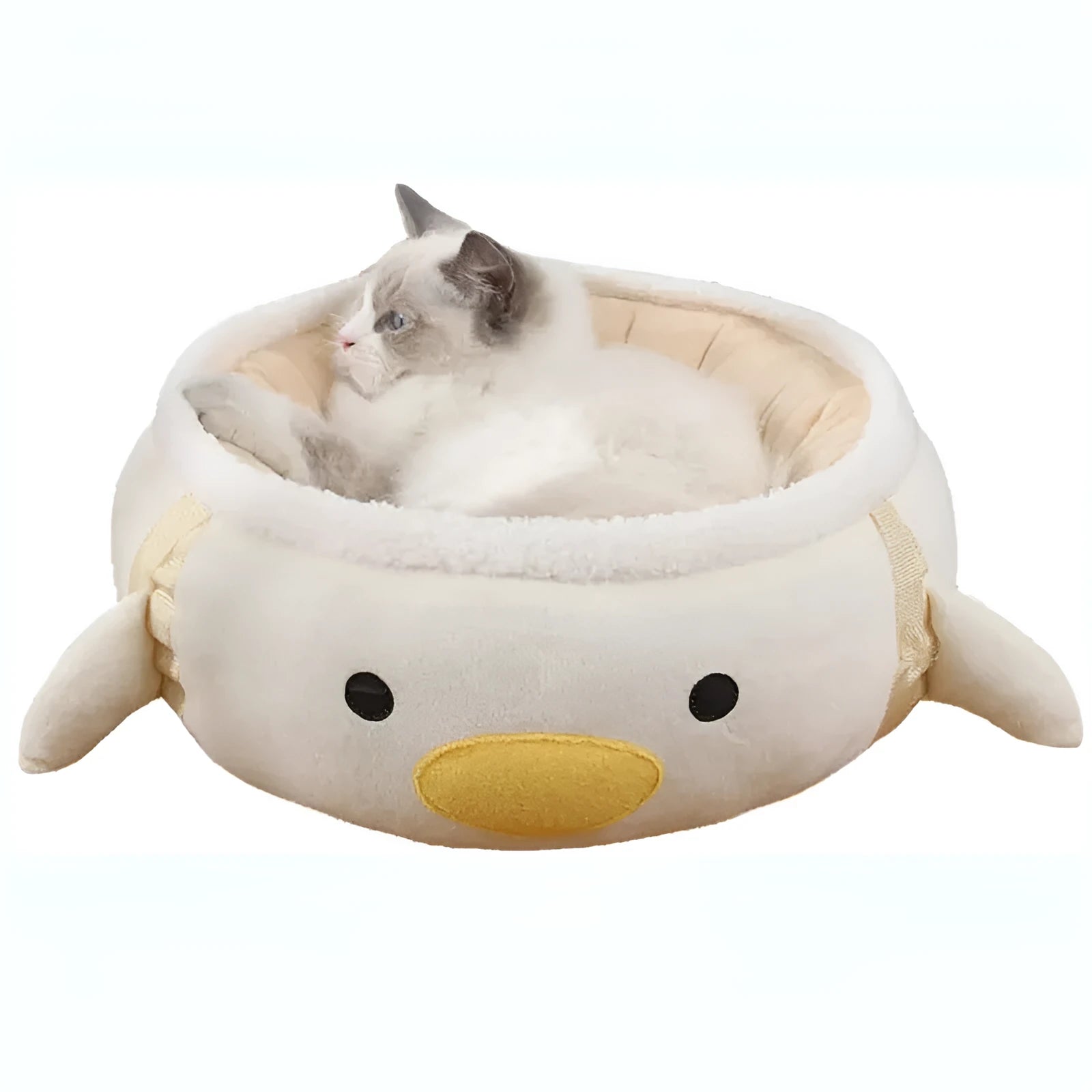 Green dinosaur chick design cat bed shown both flat and hanging, for small cats and dogs.