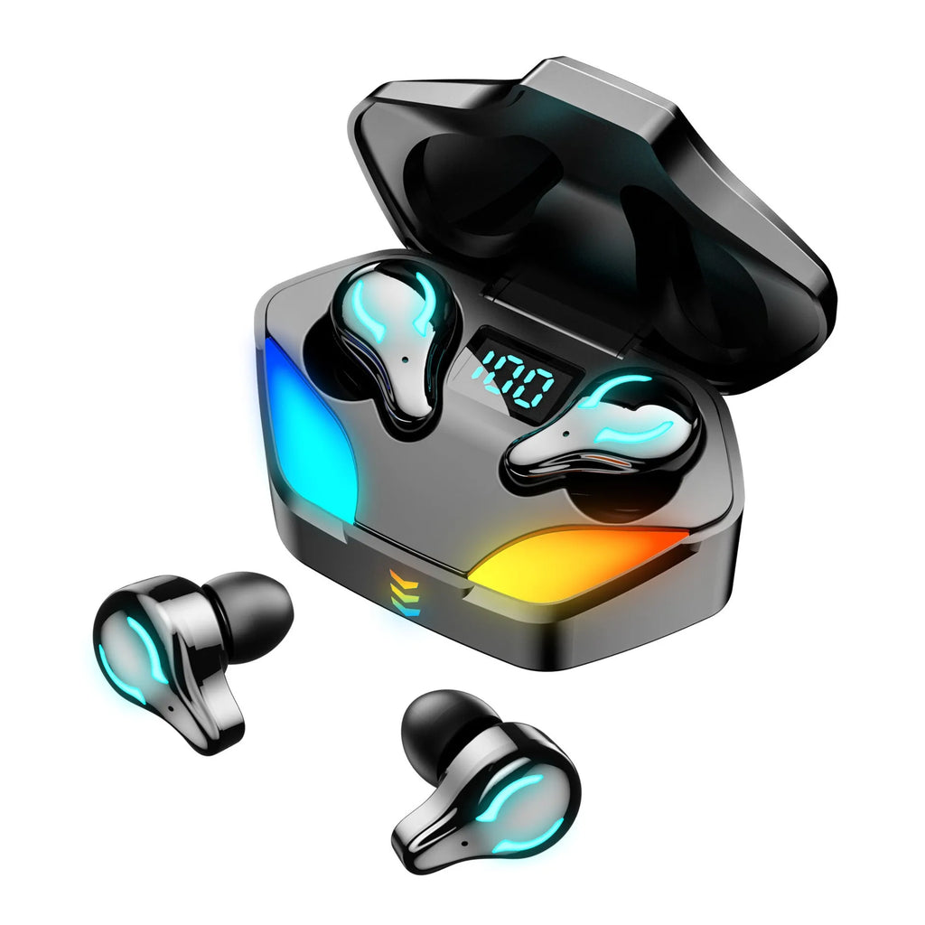 Black in-ear Bluetooth gaming headset for mobile e-sports.