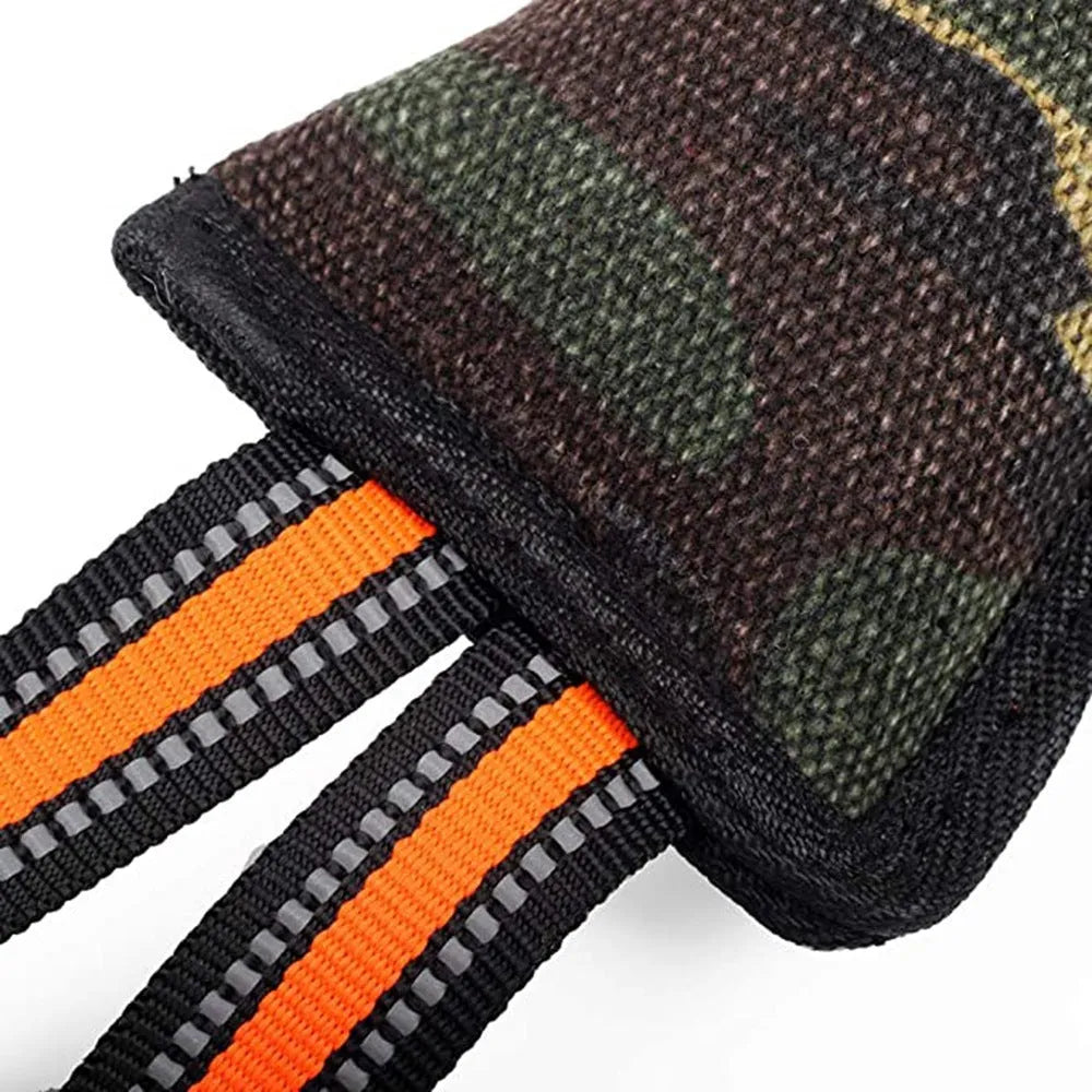 Reflective jute dog training bite stick 55cm with yellow edge on plain background