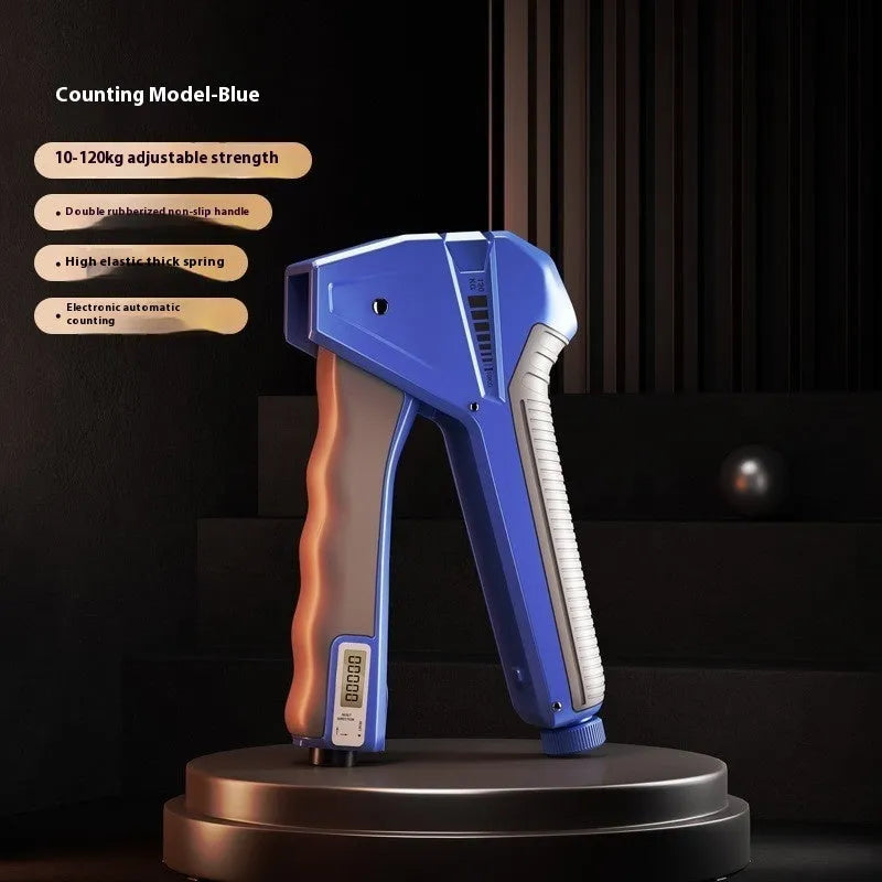 Adjustable hand gripper strength trainer with mechanical counter showing 5-60kg resistance range