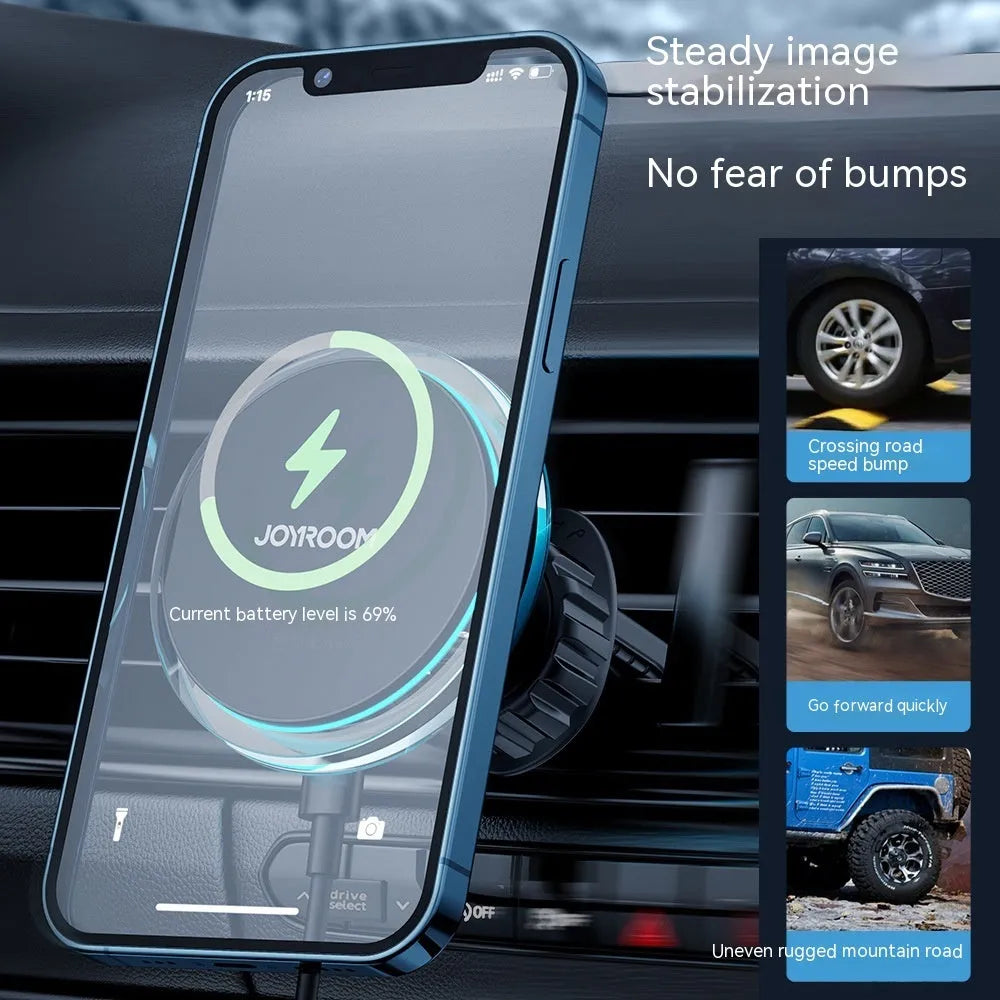 Black magnetic wireless car charger mounted on car air vent with phone attached
