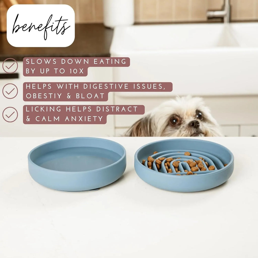Silicone slow feeder dog bowl with textured ridges, shown in a choice of colours including beige and charcoal ash.