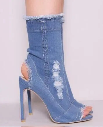 Fashion Runway peep toe denim ankle boots with PU upper, stiletto heel above 8cm, in style 1